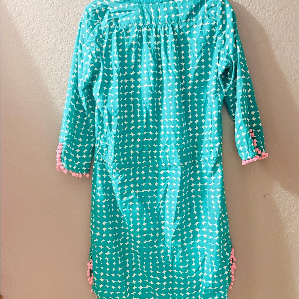 Boden Kelly Green & White Printed Tie-Waist 3/4 Sleeve Dress with Pink Pom Trim - Picture 13 of 13